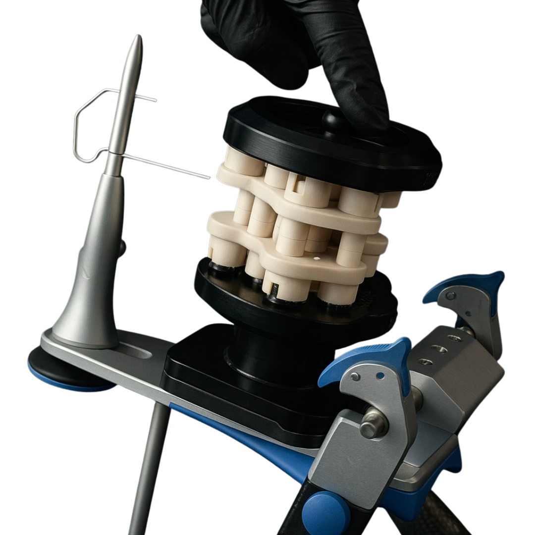 DACOS Omni installed on a branded articulator: upper plate fixed, magnetised Gemini Calibrator snapped in place, lower bowl positioned underneath.