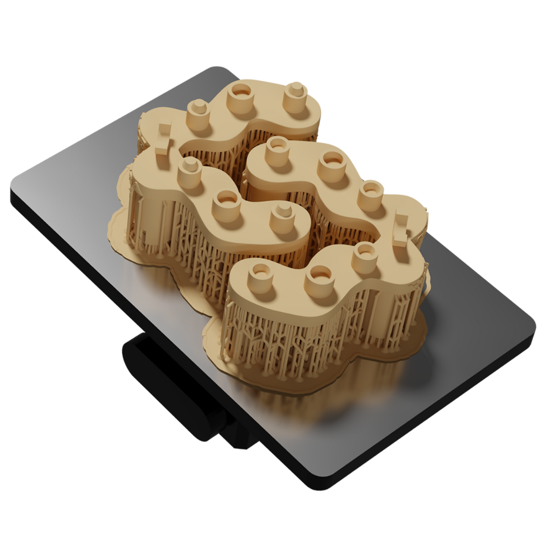 Gemini Calibrator printed on a 3D printer build plate, six pieces nested for batch printing.