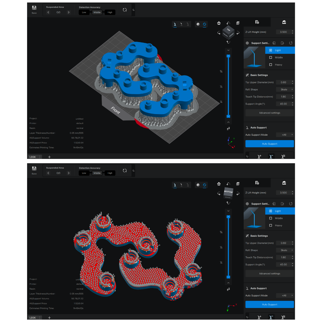 Slicer showing the calibrator loaded with pre-supports.