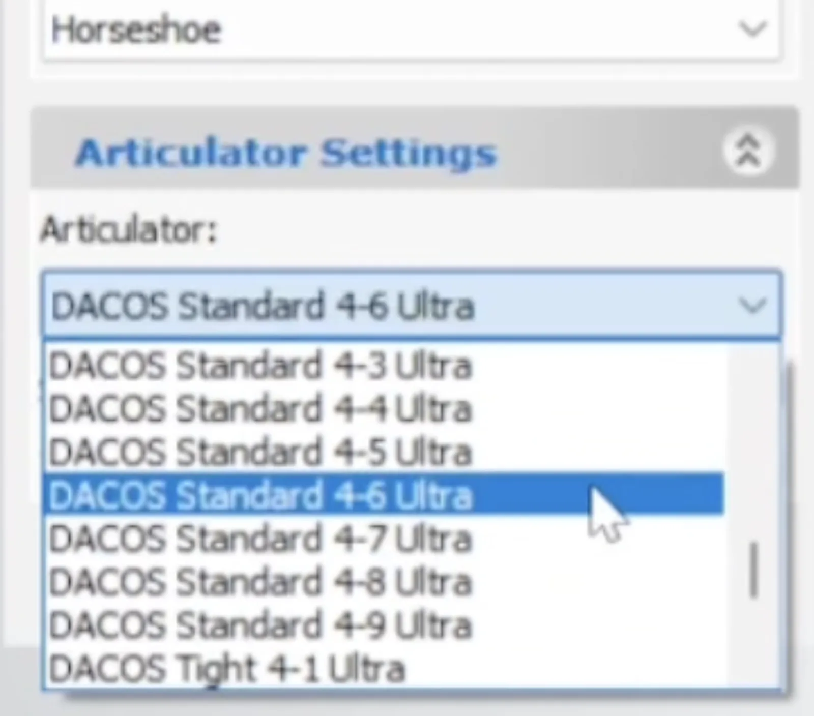 Dropdown Articulator Settings con le voci da DACOS Standard 4-3 a 4-9 Ultra.
