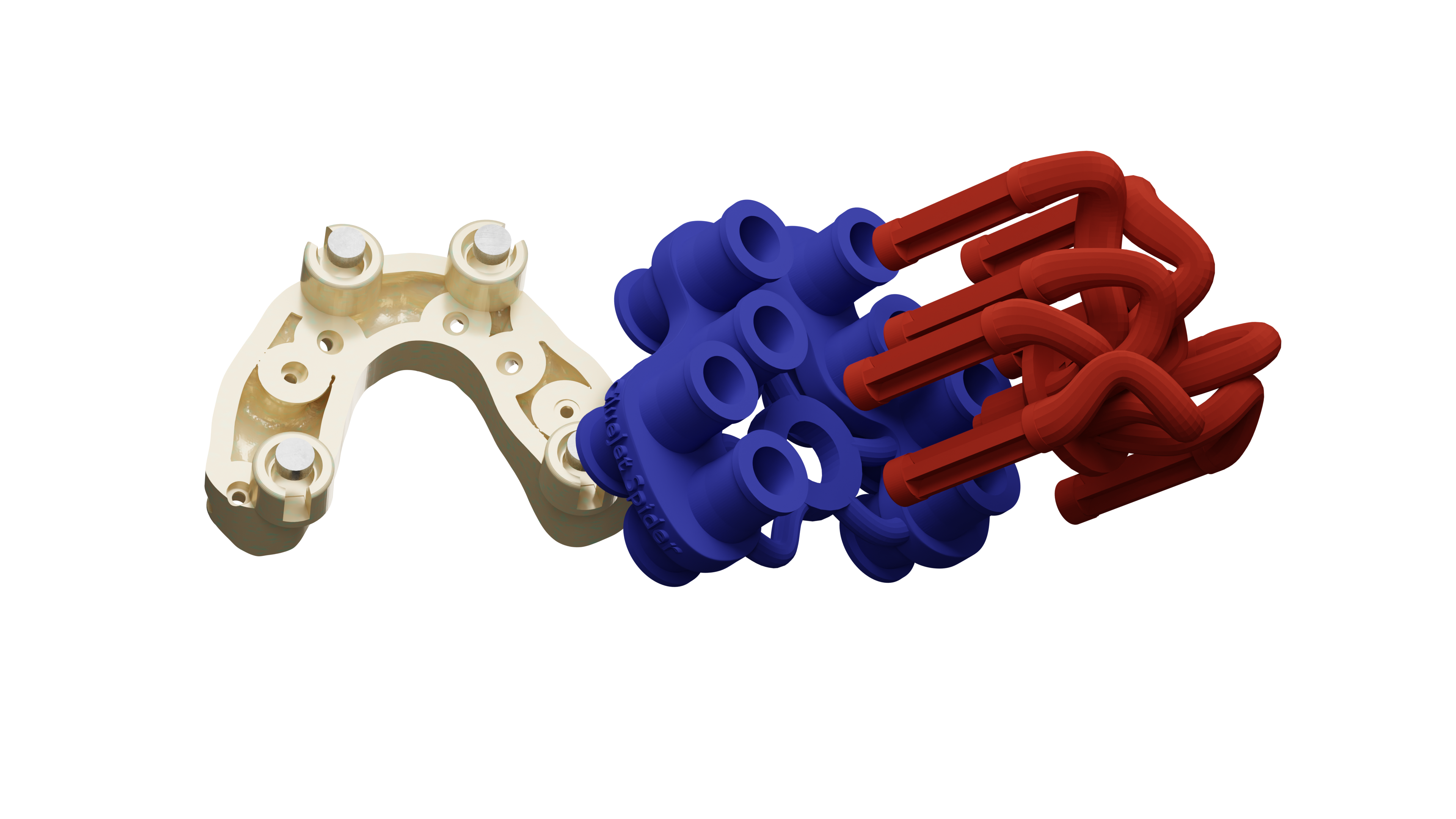 The Spider workflow: a printed dental arch with attachment sockets on the left, a blue Spider loaded with magnets in the middle, and a red Spider with all four plungers extended on the right.