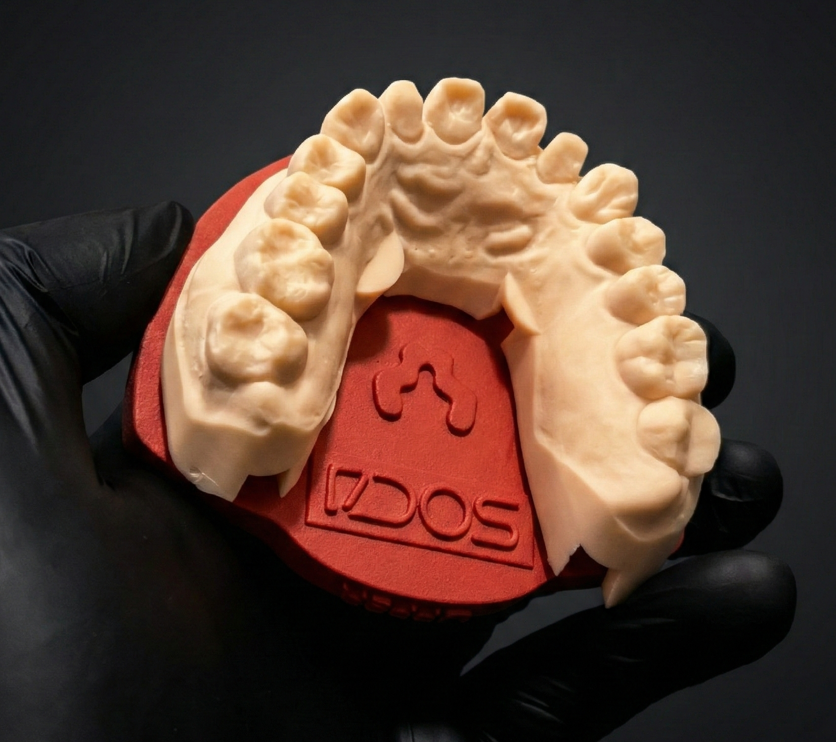 Upper arch crown-and-bridge case seated on a red Light plate, top-down view.