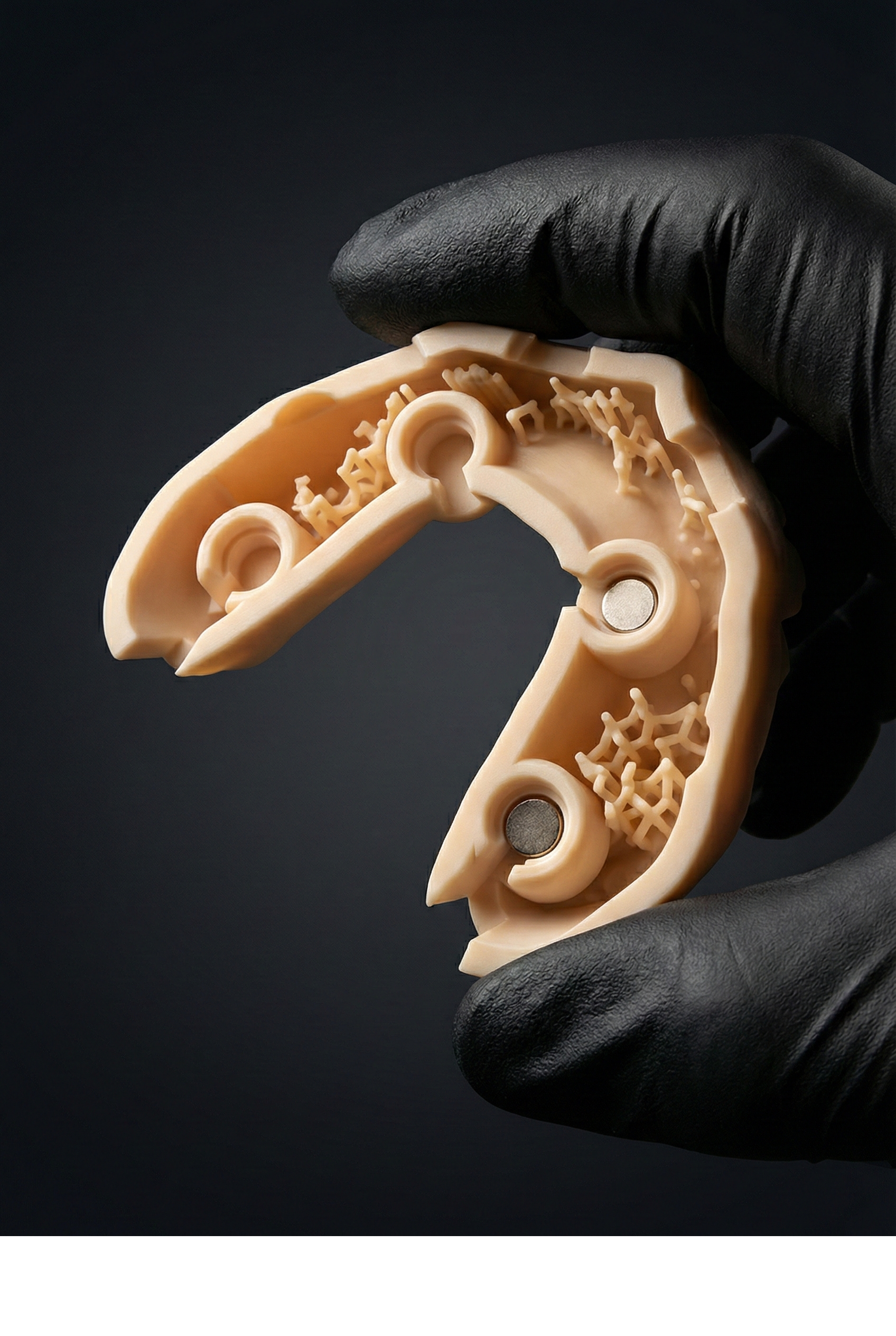 Underside of a printed arch model showing the four DACOS attachment sockets with magnets installed.