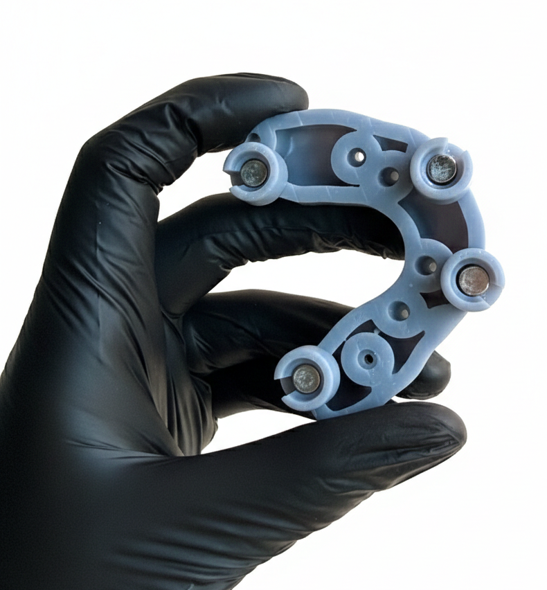 Implant case on a DACOS Omni plate, showing analog cylinders integrated into the model.